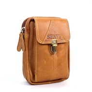 Chinatown Leather กระเป๋า หนังวัวแท้ ใส่มือถือ ร้อยเข็มขัด สีแทน staff ซิปคู่ ใส่มือถือได้2เครื่อง