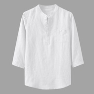 T Shirt untuk Lelaki Jualan Lelaki Baggy Kapas Linen Pepejal Tiga Suku Lengan Poket Berdiri Baju Kolar