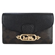 COACH 浮雕馬車LOGO印花拼接牛皮三折中夾(咖啡黑)