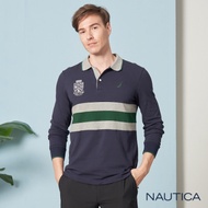 Nautica撞色拼接條紋長袖POLO衫-深藍