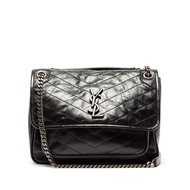 YSL Saint Laurent NIKI 中款 揉製小牛皮霧銀鍊翻蓋肩/斜背包(中/黑色)