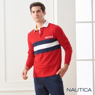Nautica撞色條紋長袖POLO衫-亮紅