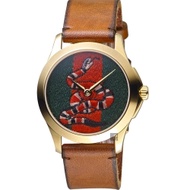GUCCI 古馳 珊瑚蛇刺繡手錶-咖啡色錶帶/38mm