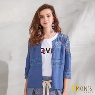 【MON’S】度假風鏤空蕾絲亞麻外套(100%亞麻)