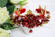 Red crown with perls Beaded handmade tiara Red gold royal diadem Bridal crown