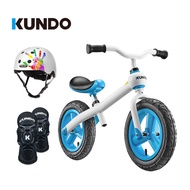 【西班牙KUNDO】EVO兒童平衡滑步車安全三件組 （EVO藍/德國Melon白色安全帽/矽膠護膝護肘）