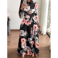 Muslimah Moden Floral Print Mock Neck Long Sleeve Jubah Dress Maxi Dress