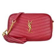 YSL SAINT LAURENT V字縫線魚子醬牛皮金屬LOGO流蘇相機包(金x深紅)
