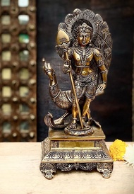 Brass Lord Murugan Statue Large Kartikeya Idol, Karthikeyan Idol , Karthikeya Statue, Muruga Morti, Karthik Murti Sculpture by SAMSKRITINOLINE, Antique Golden, Height: 30.5 Centimetres