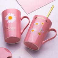 Modern Daisy Ceramic Mug Coffee Cup Tea Cup With Lid Spoon Set Gift for Couples Christmas Ornament(Black style1)