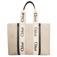 Chloe 帆布包/肩背包/托特包 (大款 x 深藍皮革) CABAS WOODY TOTE