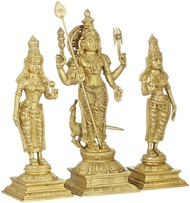 Exotic India Karttikeya (Murugan) with Devasena and Valli - Brass Statue
