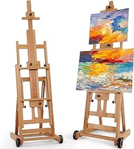 VISWIN Large Adjustable H-Frame Studio Easel, Solid Beech Wood Artist Painting Easel, Medium Duty Movable Tilting Floor Stand Easel with 2 Locking Silent Caster Wheels, Holds 2 Canvas, up to 77.2"