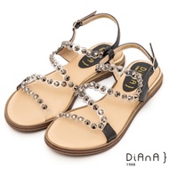 DIANA蜜兒透視感圓鑽牛皮2.2公分圓頭S勾繫帶涼鞋-夏日百搭-黑