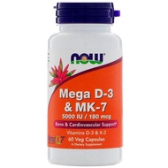 Now Foods, Mega D-3 &amp; MK-7, Vitamin D3 &amp; Vitamin K2, 5000 IU / 180 mcg, 60 Veg Capsules