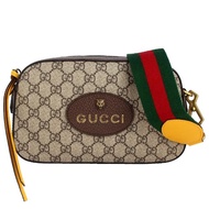 【GUCCI 古馳】老虎標誌綠紅色織帶帆布斜背包(卡其/駝)