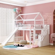 Twin Size Loft Bed with Slide, Wood House Bed with Slide for Kids, Loft Bed with Storage Steps and 2