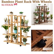 [SG SELLER]Plant Rack/Flower Rack/Wooden Bamboo Plant Rack With Wheels/Multi-layer Plants Stand Balcony Outdoor Indoor