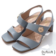 DIANA 6.7cm質感羊皮方頭寬板金屬釦魔鬼氈露趾高跟涼鞋-灰藍