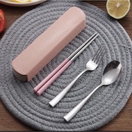 4in1 Portable Wheat Straw Handle Stainless Steel Cutlery Set Spoon Fork Chopsticks with Case qD72