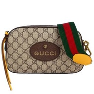 【GUCCI 古馳】老虎標誌綠紅色織帶帆布斜背包(卡其/駝)
