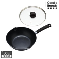 【CorelleBrands 康寧餐具】藍寶石 臻釜鑄造不沾深炒鍋30cm(贈 康寧餐盤4件組)