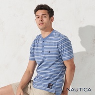 Nautica 條紋亨利領短袖POLO衫-天空藍