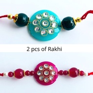2 pcs of Designer Kundan Rakhi for Boys &amp; Men - Green &amp; Maroon - Rounded head - Indian jewellery - Rakhi