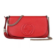【GUCCI 古馳】GUCCI SOHO經典GG車紋LOGO流蘇設計牛皮鏈帶扣式斜背包(紅)