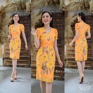 ชุดเดรสผ้าทำงานลายปาเต๊ะสีสดใส ออกงาน ทำงานสเหลือง ม่วง กรมท่า เทา M L XL 2XL