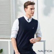 Nautica經典素色V領針織背心-深藍