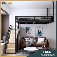 HOPMY Loft Bed Frame Nordic Iron Bed Small Apartment Loft Bed Simple Apartment Duplex Storage Bed Sp