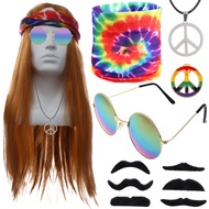 11Pcs Hippie Costume Accessory Peace Sign Necklace Glasses Headbands Wig 60s 70s