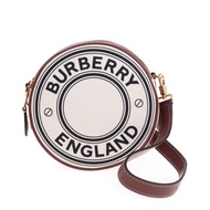 BURBERRY 新款雙色標誌圖案LOGO帆布拼皮革Louise圓餅斜背包