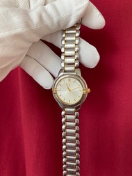 YSL 銀色圓形側邊刻紋錶殼 雙色錶帶 古董錶