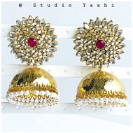 Gold Plated pearl, stone And Kundan Jhumki Earrings - Jhumka earring - Indian jewellery