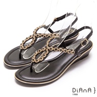 DIANA奢華耀眼水鑽3.5公分經典繫帶圓頭楔型低跟涼鞋-閃耀動人–黑