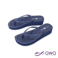 QWQ 女款3cm厚底夾腳拖鞋-璀璨水鑽-增高修身-厚底拖鞋-寶石藍(BEBB00404)