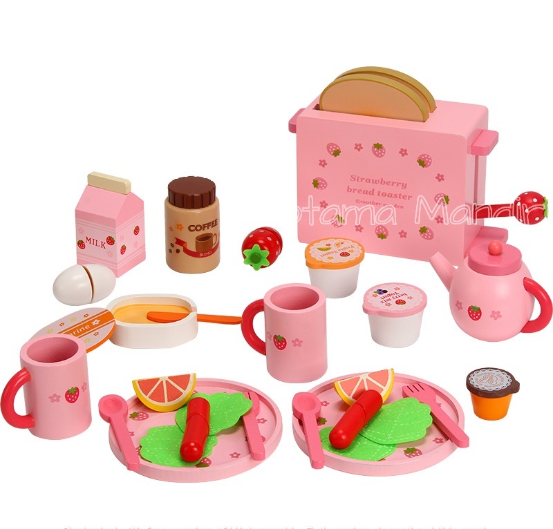 pink wooden toaster set