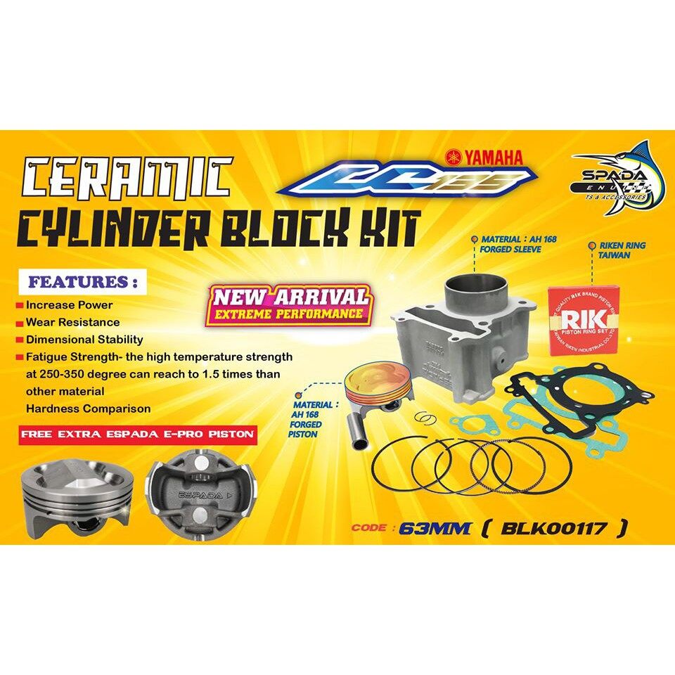 Espada Ceramic Block 62 63mm Lc135 Y15 Fz Rm285 Pistons Rings Pistons Kits Espada Motorcycles Espada Johor Imotorbike My