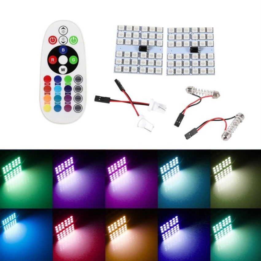 2Pc RGB Changing LED Lamp Car Wedge Dome Light Multicolored Light+Remote Control