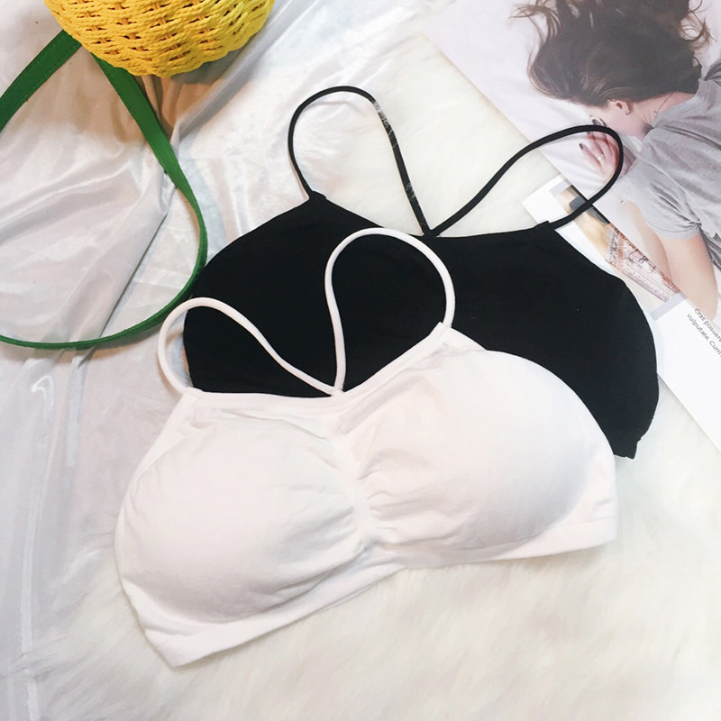 黑白内衣无钢圈胸罩韩版夏季新款打底吊带抹胸细肩带交叉美背文胸