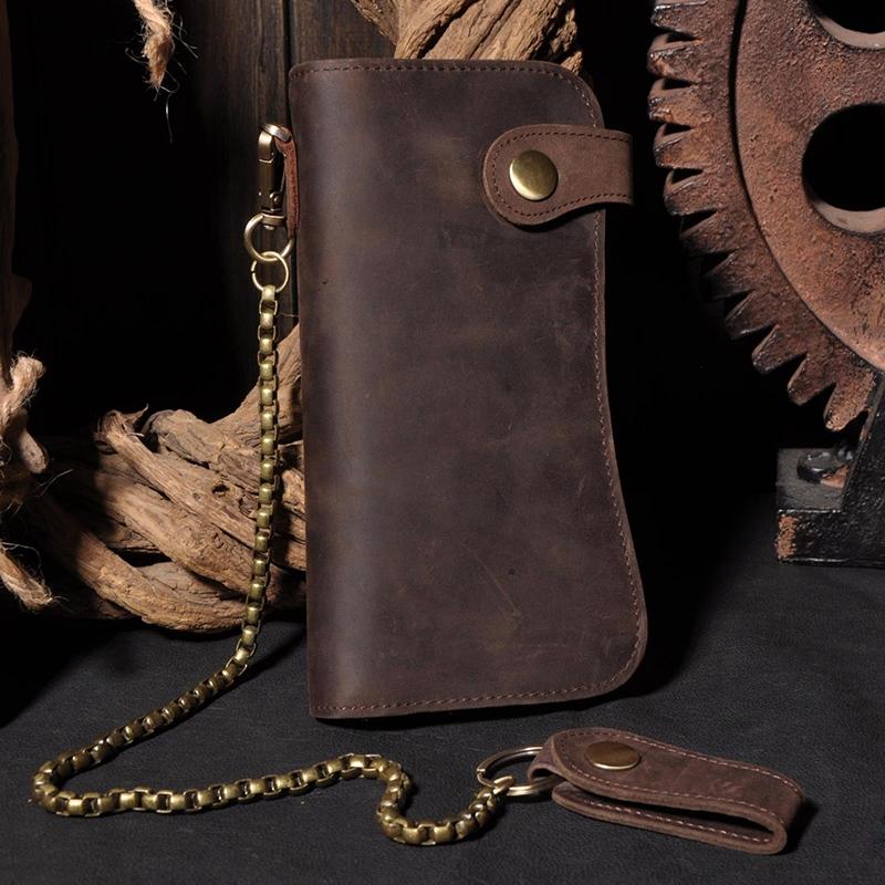 Men/'s Genuine Leather Long Wallet With Zipper Pocket Vintage Bifold Chain